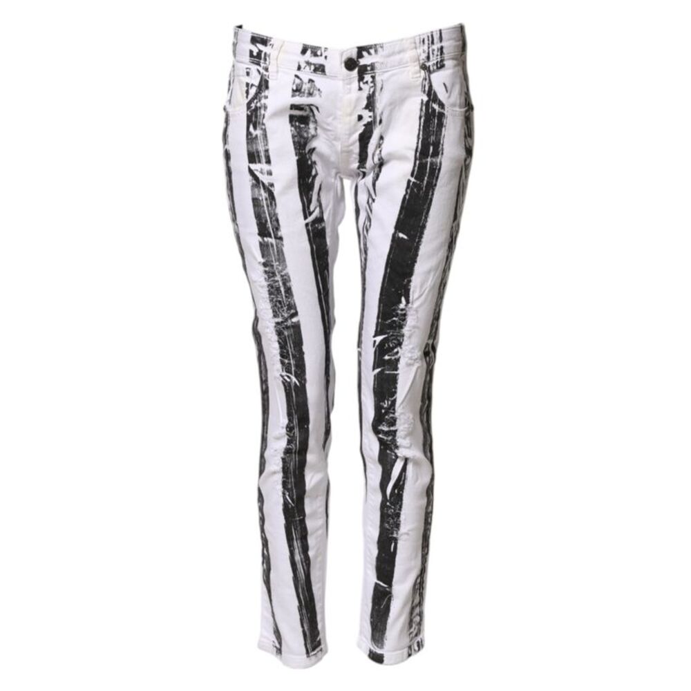 Gaelle Paris Black White Stripes Mid Waist Cropped Capri Women's Jeans
